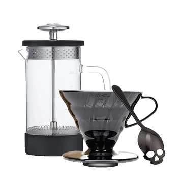 coffee accessories - french press, black v60 dripper, skull spoon